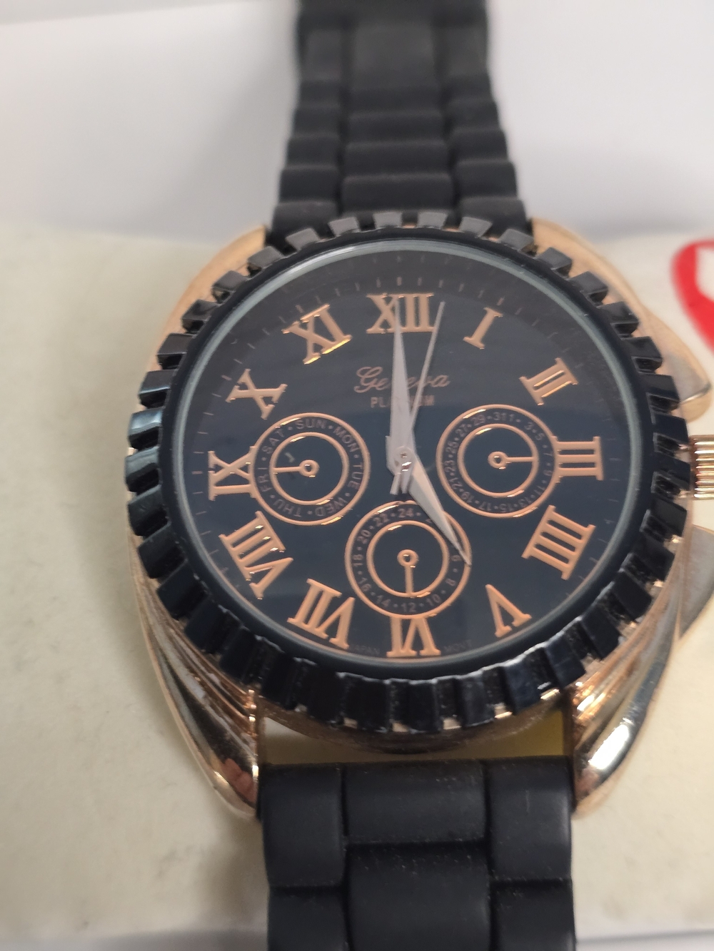 Geneva Platinum Black and Rose Gold Men's Silicone Strap Watch